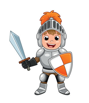 recommend clip art: Cute knight boy. Charming schoolboy with sword and shield in his hand stands and smiles. Small warrior in armor and helmet with tail. Medieval and Roman style. Cartoon flat vector illustration
