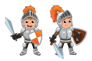 Cute knight boy set. Schoolchildren in metal armor, medieval sword and shield, helmet with tail. Ancient gladiator and warrior. Cartoon flat vector illustrations isolated on white background