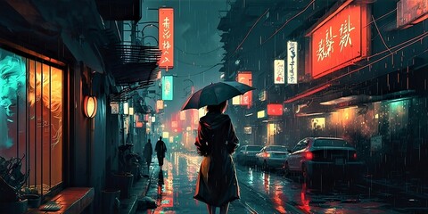 A Rain Soaked Neon Lit Metropolis at Night in Anime Style created with Generative AI