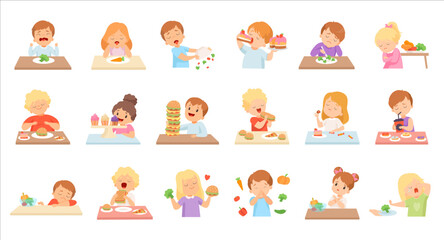 Set of cute kids do not like healthy food and enjoying eating of fast food and sweets cartoon vector Illustration - obrazy, fototapety, plakaty