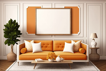 White-and-orange colonial-style living room. Wooden panel, pillowed fabric sofa. Carpet, table, décor. Frame prototype, contemporary interior design, illustration. Generative AI
