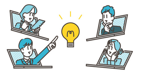 Male and female business people discovering ideas in an online meeting at work [Vector illustration].