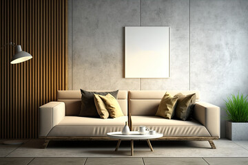 Modern apartment interior design with beige sofa in modern living room, wooden poster on concrete stucco wall, and mock-up background wall. Generative AI