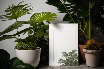 Mockup of a plant with a white card front. Mock-up of indoor plants and greenery with copy space. Home jungle mockup with potted plants. Generative AI