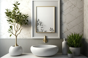 Fototapeta premium a mockup picture frame on a stunning wall over a bathroom sink with a planter and warm floor furniture,. Generative AI