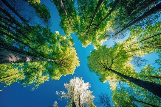 Clear blue sky and green trees seen from below. Carbon neutrality concept presented in a vertical format. Pictures for Earth Day or World Environment Day desktop backgrounds. Generative AI