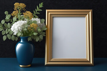 blank elegant gold photo frame with flower vase decor on blue stone table. Generative AI