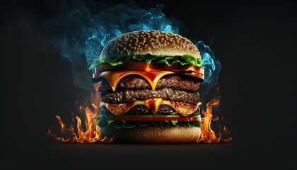 Hamburger photo with flames in the back - generative ai