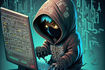 The hooded hacker uses the binary coding paradigm for both hacking and viruses. Generative AI - obrazy, fototapety, plakaty