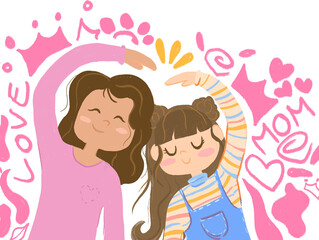 Ilustración para el día de la madre sin fondo, tarjeta de feliz día de la madre editable, postal del día de la madre, madre e hija abrazadas - obrazy, fototapety, plakaty
