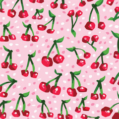 Cute abstract pink red cherry vector background pattern isolated on square template. Healthy sweet cute food wallpaper for social media post, scarf textile and paper print, poster, and other usage.