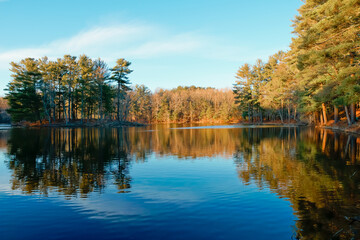 Autumn scenery of Kingsbury pond Medfield MA USA