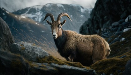 Obraz premium Beautiful Artistic Designer Cinematic Portrait of a Alpine Goat Animal in its Natural Habitat: Celebrating Cute Creatures, Wildlife, Biology, Nature, and Biodiversity (generative AI