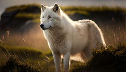 Obraz premium Beautiful Artistic Designer Cinematic Portrait of a Arctic Wolf Animal in its Natural Habitat: Celebrating Cute Creatures, Wildlife, Biology, Nature, and Biodiversity (generative AI