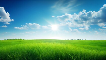 Fototapeta premium Green grass field and blue sky with clouds. Nature background. Landscape. Generative AI