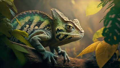 Beautiful Artistic Designer Cinematic Portrait of a Chameleon Animal in its Natural Habitat: Celebrating Cute Creatures, Wildlife, Biology, Nature, and Biodiversity (generative AI