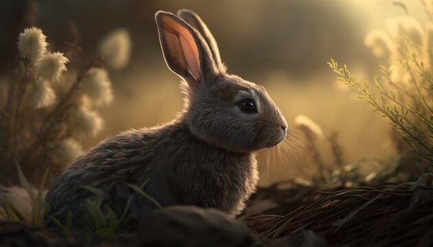 Beautiful Artistic Designer Cinematic Portrait of a bunny Animal in its Natural Habitat: Celebrating Cute Creatures, Wildlife, Biology, Nature, and Biodiversity (generative AI