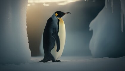 Obraz premium Beautiful Artistic Designer Cinematic Portrait of a Emperor Penguin Animal in its Natural Habitat: Celebrating Cute Creatures, Wildlife, Biology, Nature, and Biodiversity (generative AI