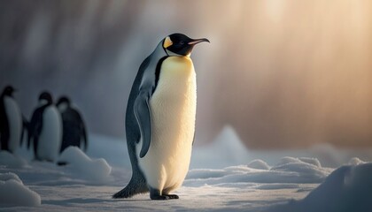 Obraz premium Beautiful Artistic Designer Cinematic Portrait of a Emperor Penguin Animal in its Natural Habitat: Celebrating Cute Creatures, Wildlife, Biology, Nature, and Biodiversity (generative AI