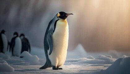 Beautiful Artistic Designer Cinematic Portrait of a Emperor Penguin Animal in its Natural Habitat: Celebrating Cute Creatures, Wildlife, Biology, Nature, and Biodiversity (generative AI