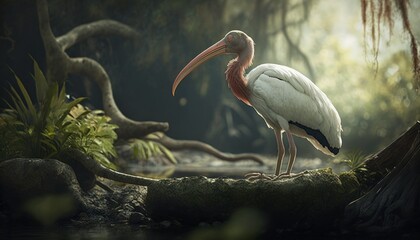 Obraz premium Beautiful Artistic Designer Cinematic Portrait of a Ibis Animal in its Natural Habitat: Celebrating Cute Creatures, Wildlife, Biology, Nature, and Biodiversity (generative AI