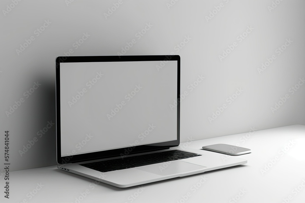 Poster minimalist floating laptop mockup with a blank screen,. generative ai