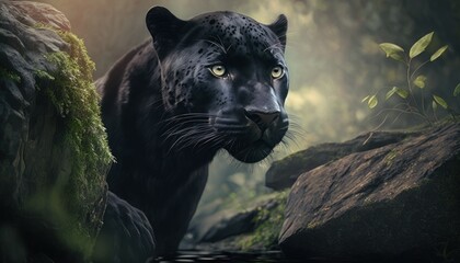 Beautiful Artistic Designer Cinematic Portrait of a Panther Animal in its Natural Habitat: Celebrating Cute Creatures, Wildlife, Biology, Nature, and Biodiversity (generative AI