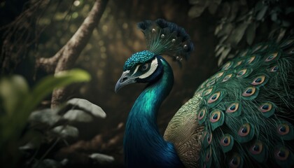 Obraz premium Beautiful Artistic Designer Cinematic Portrait of a Peacock Animal in its Natural Habitat: Celebrating Cute Creatures, Wildlife, Biology, Nature, and Biodiversity (generative AI