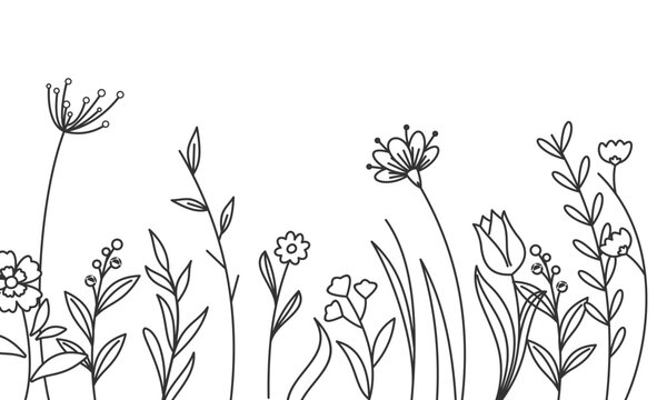 Black silhouettes of grass, flowers and herbs isolated on white background