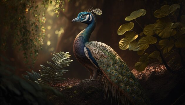 Beautiful Artistic Designer Cinematic Portrait of a Peacock Animal in its Natural Habitat: Celebrating Cute Creatures, Wildlife, Biology, Nature, and Biodiversity (generative AI