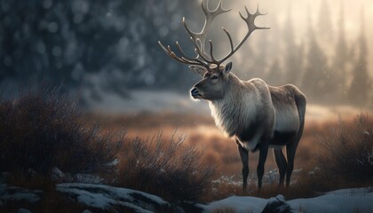Beautiful Artistic Designer Cinematic Portrait of a Reindeer Animal in its Natural Habitat: Celebrating Cute Creatures, Wildlife, Biology, Nature, and Biodiversity (generative AI