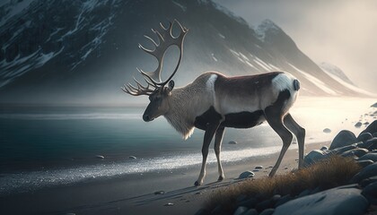 Beautiful Artistic Designer Cinematic Portrait of a Reindeer Animal in its Natural Habitat: Celebrating Cute Creatures, Wildlife, Biology, Nature, and Biodiversity (generative AI