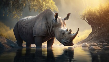 Fototapeta premium Beautiful Artistic Designer Cinematic Portrait of a Rhinoceros Animal in its Natural Habitat: Celebrating Cute Creatures, Wildlife, Biology, Nature, and Biodiversity (generative AI