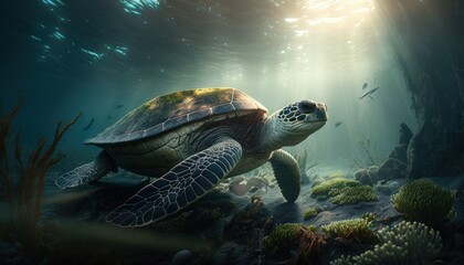 Fototapeta na wymiar Beautiful Artistic Designer Cinematic Portrait of a sea turtle Animal in its Natural Habitat: Celebrating Cute Creatures, Wildlife, Biology, Nature, and Biodiversity (generative AI