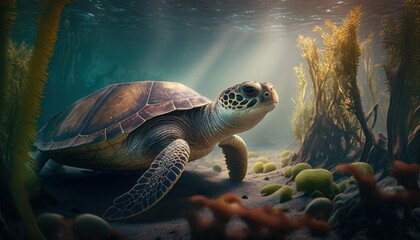 Fototapeta premium Beautiful Artistic Designer Cinematic Portrait of a sea turtle Animal in its Natural Habitat: Celebrating Cute Creatures, Wildlife, Biology, Nature, and Biodiversity (generative AI