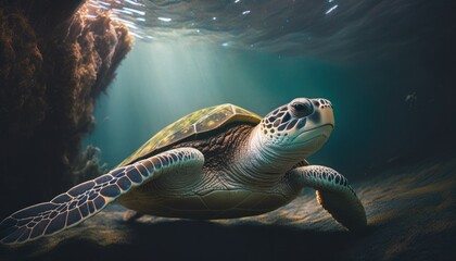 Beautiful Artistic Designer Cinematic Portrait of a sea turtle Animal in its Natural Habitat: Celebrating Cute Creatures, Wildlife, Biology, Nature, and Biodiversity (generative AI