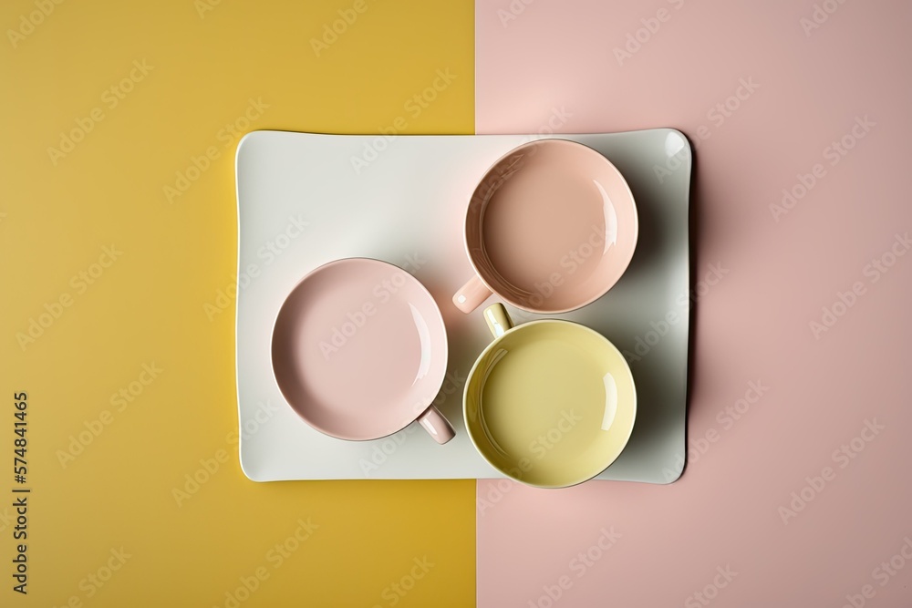 Poster white table with three empty coffee cups and copy space. generative ai
