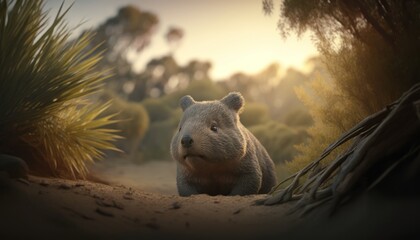Beautiful Artistic Designer Cinematic Portrait of a Wombat Animal in its Natural Habitat: Celebrating Cute Creatures, Wildlife, Biology, Nature, and Biodiversity (generative AI