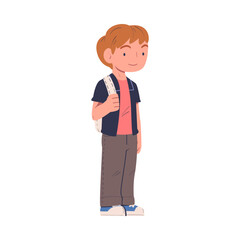 Cute boy elementary school student standing with backpack cartoon vector illustration