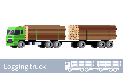 Logging truck with trailer transporting large mounts of wooden logs. Forestry transportation industry. Front side view of colorful vector isolated illustration