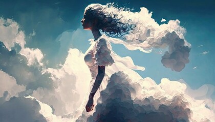Beautiful elemental sky woman, clouds, blue skies, airy and soft - generative AI
