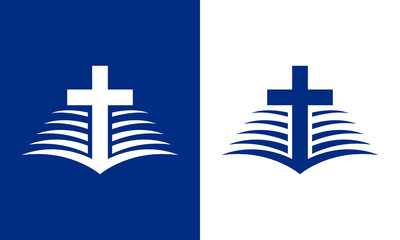 Bible and cross logo in shades of blue. It is suitable for logos of churches, organizations, movements, communities, and others. - obrazy, fototapety, plakaty