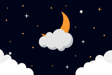 crescent moon covered with clouds in the night sky. Vector night sky background stars and moon. crescent moon with clouds and stars in space