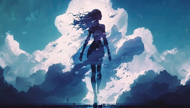 Beautiful elemental sky woman, clouds, blue skies, airy and soft - generative AI