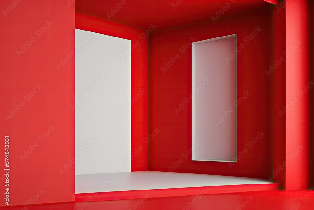 Wall mural Red studio background with furniture. Mockup of an empty space with gentle lighting. product display mockup template. Generative AI