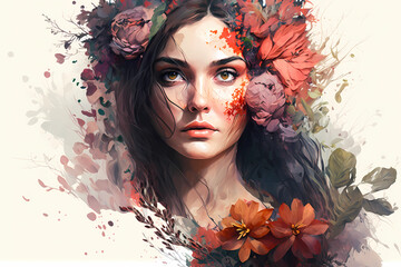 an abstract concept of a girl filled with flower background created by generative AI