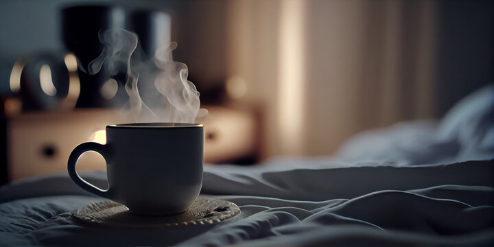 Close up hot coffee cup against the bed at night time. Generative AI.