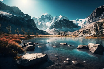 Sunset over the mountains. Sunrise in the tropical mountain with river wallpaper. River. Cloud. Ai generated