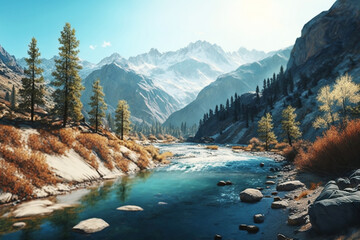 Sunset over the mountains. Sunrise in the tropical mountain with river wallpaper. River. Cloud. Ai generated