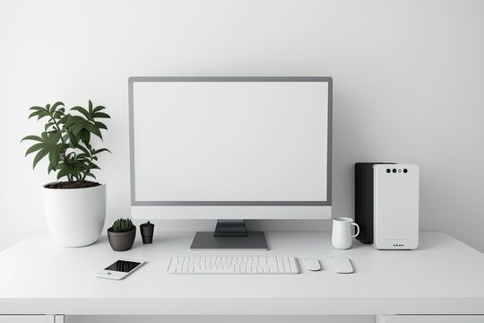 A minimalist workplace with copy space and office equipment is depicted on a white wooden table and white wall. Generative AI